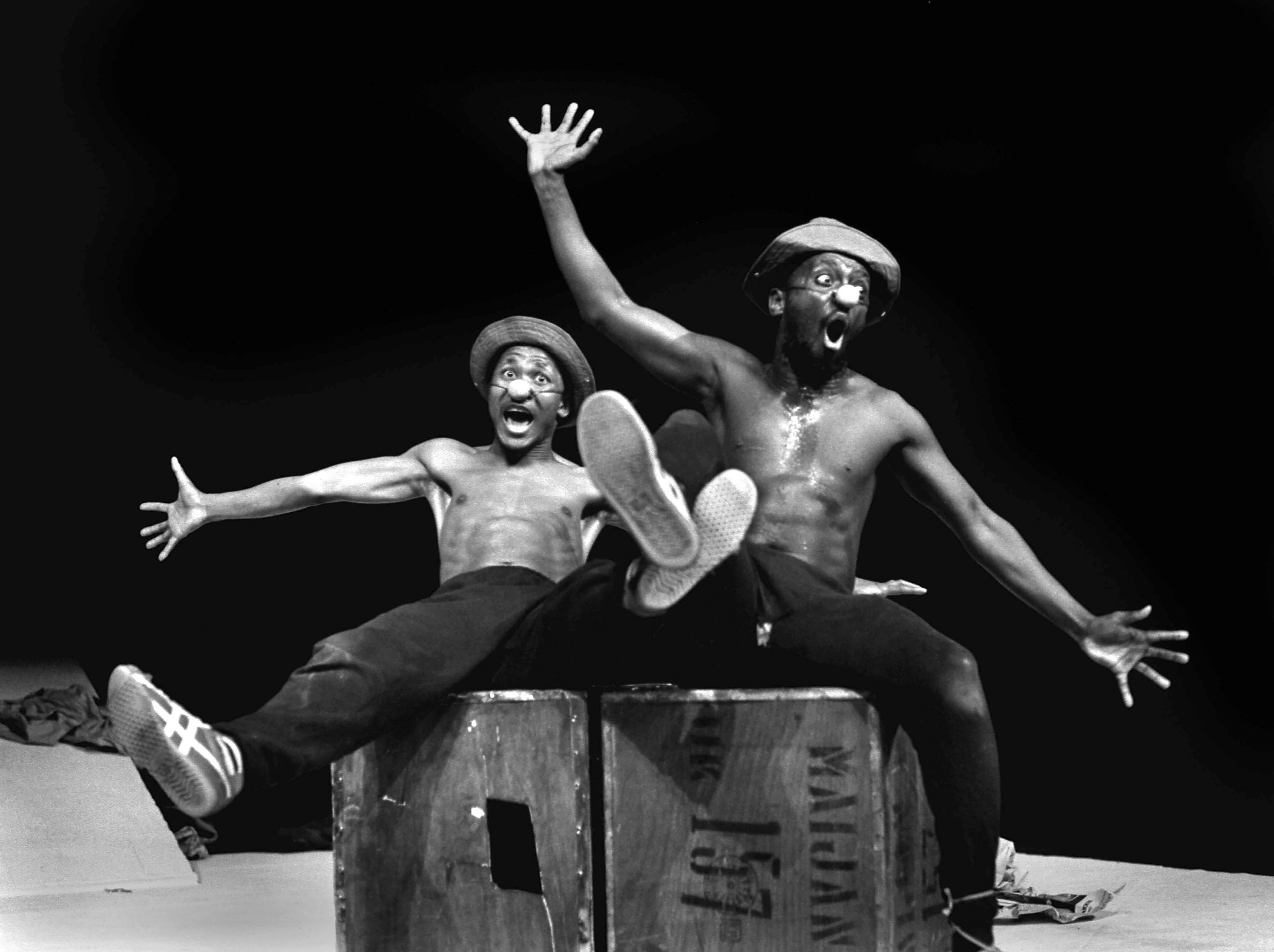 Performers Percy Mtwa, left, and Mbongeni Ngema in a scene from "Woza Albert" at the Market Theatre in Johannesburg, South Africa, in 1981.